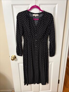 LOFT Black Polka Dot Long Sleeve Midi Dress with Gathered Waist